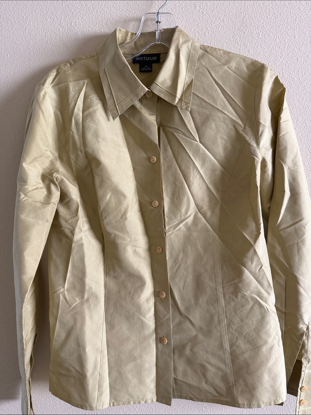 Ann Taylor Silk Button-Up Shirt in Light Olive Green